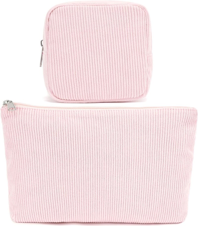 Fammart Corduroy Makeup Bag, Travel Cosmetic Bag Organizer Toiletry Bag Make Up Bags with Zipper & Compartments for Women Girls, 2PCS - Image 1